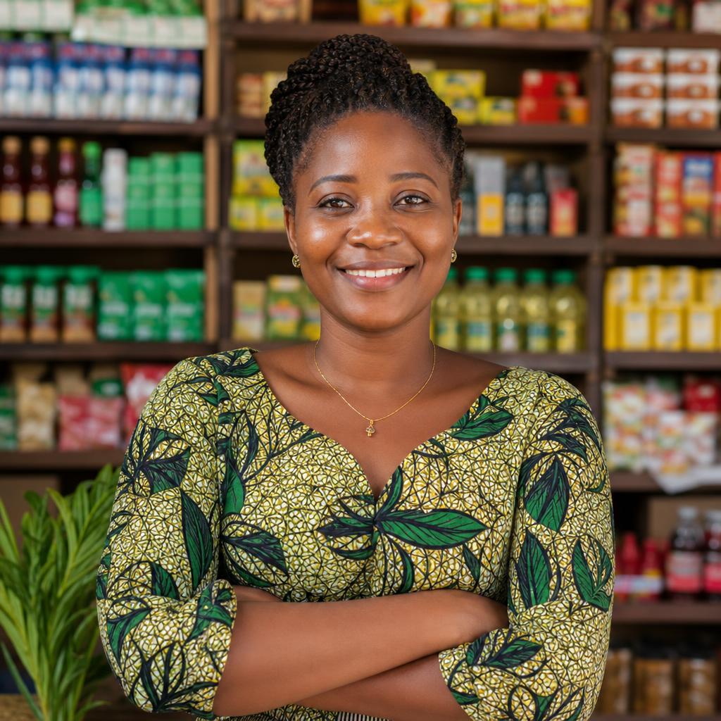 Commerçante africaine souriante dans son commerce d'alimentation générale